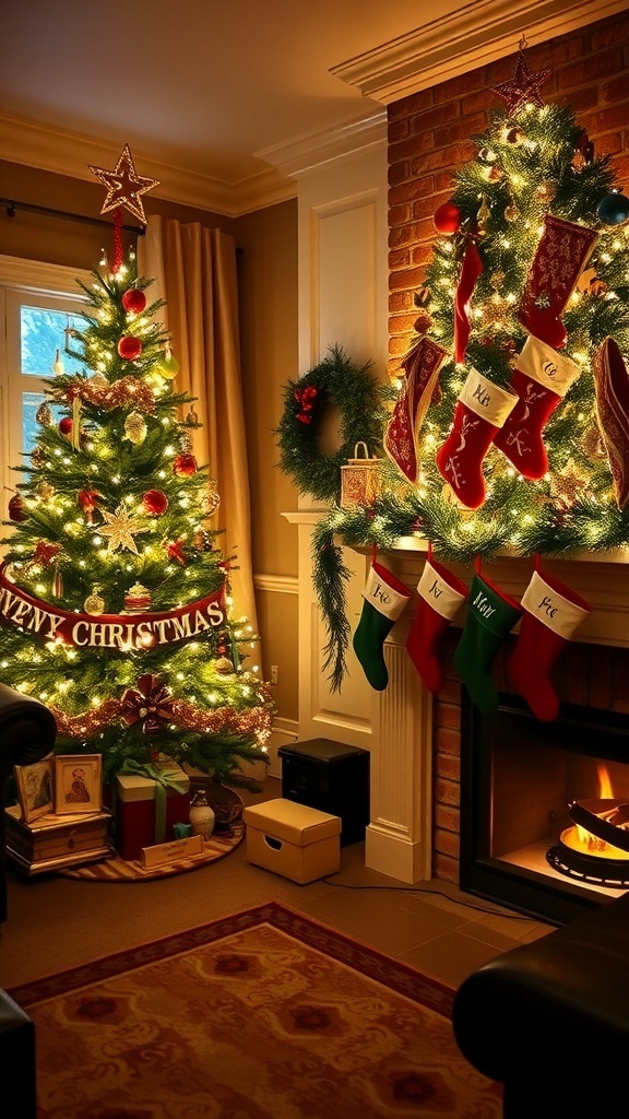 A cozy Christmas living room with a decorated tree, lights, and a humorous quote banner.